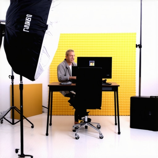 A professional creator setup showing proper light placement and acoustic treatment for high-quality video production.