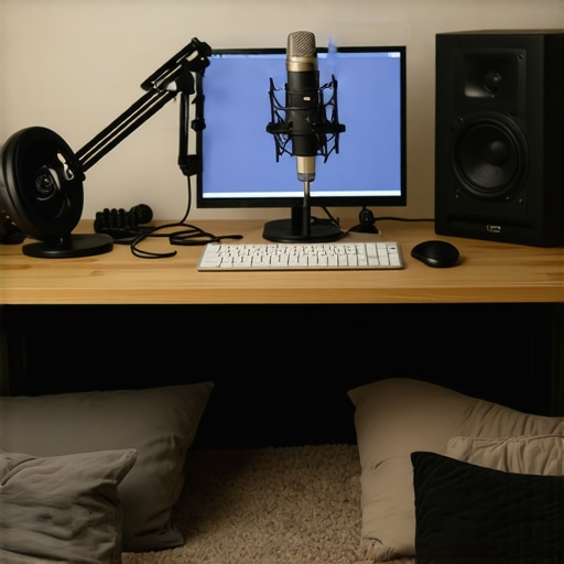 Optimizing Your Studio for Clear Audio A home studio setup showing acoustic treatments like a rug and corner pillows to prevent muddy audio.