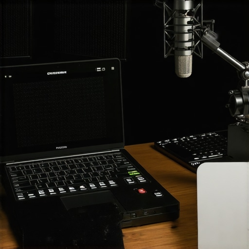 A detailed view of a high-end creator studio showing proper audio interface connection and acoustic treatment.