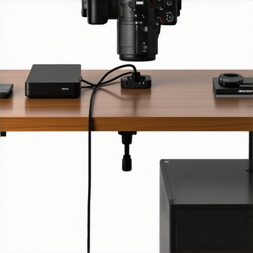 A professional camera setup showing neat cable management and dummy battery connection for long-term recording.