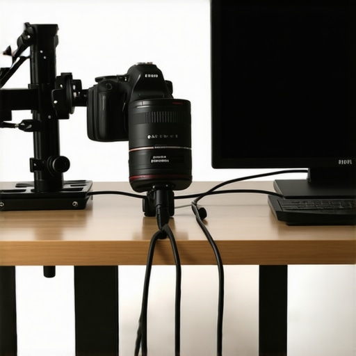 Organized Content Creator Workspace with Cable Management A professional creator setup showing organized cables and a dummy battery for long-term recording sessions.