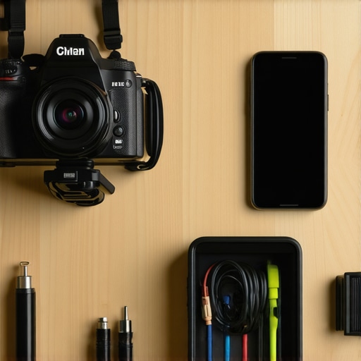A professional creator setup with clean cable management and a smartphone controller.