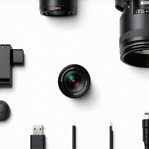 Close up of organized camera gear and labeled cables on a professional creator desk