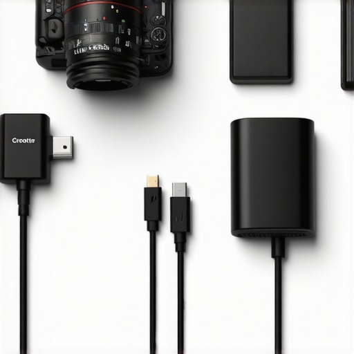 A professional creator desk with labeled cables and a dummy battery for consistent power.