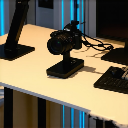 Professional creator workspace featuring organized camera gear and cable management.