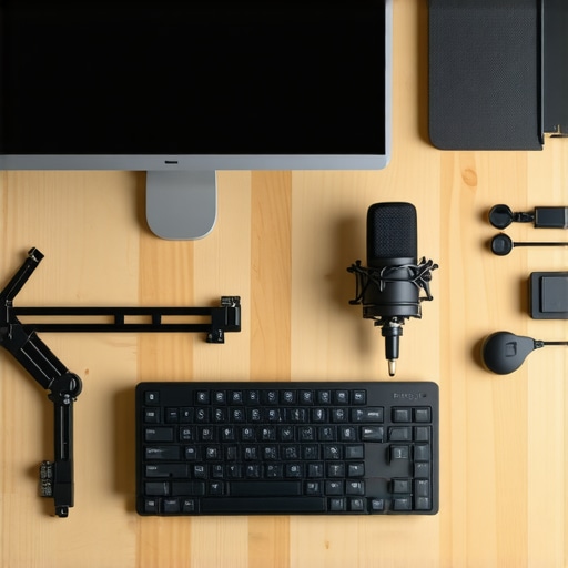 A tidy studio desk showing clean cable management with zip ties and binder clips for a professional content creator setup.