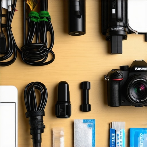 A professional creator workspace showing organized cables and gear maintenance tools for long-term production quality.