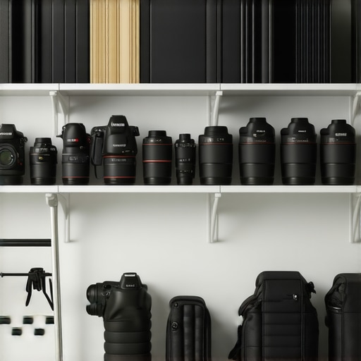 A collection of organized camera gear and studio tools on a shelf including a step ladder and cables.