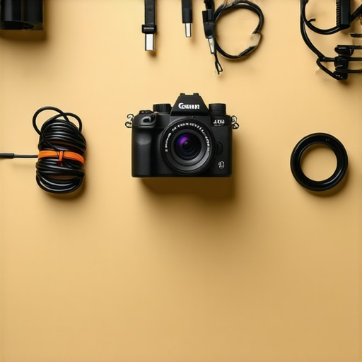 A well-organized creator workspace showing cable management and gear protection