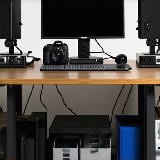 A clean and well-maintained content creator studio setup focusing on cable management and gear organization.