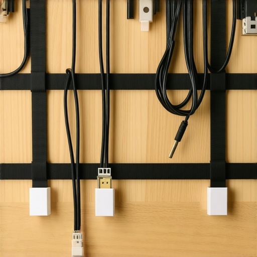 Professional cable management using velcro and gaff tape labels under a creator desk.