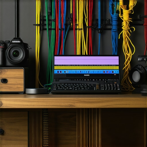 Close up of a professional creator setup with labeled cables and organized wire management.
