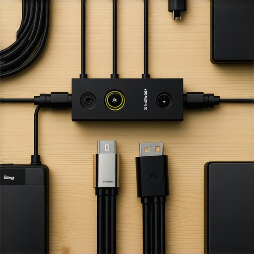 Close-up of audio interface and cables organized to prevent ground loop hum.
