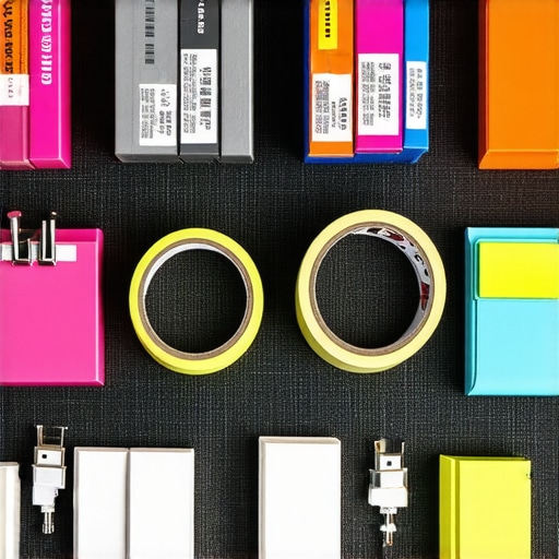 Close-up of gaff tape labels and binder clips used for cable management on a creator desk.