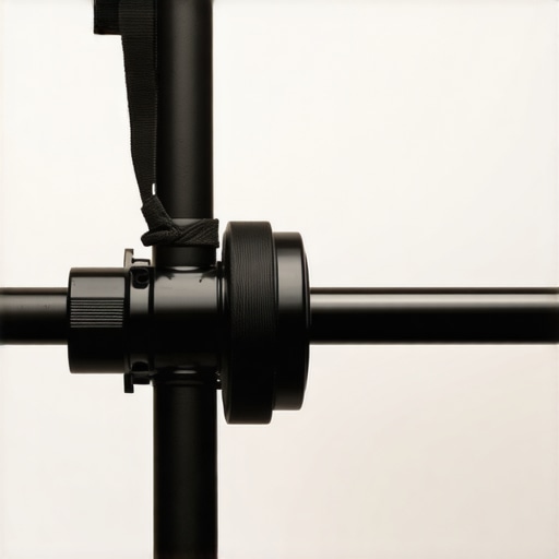 Overhead Boom Arm Tension Support Hack Close-up of a microphone boom arm joint reinforced with a tension bungee cord