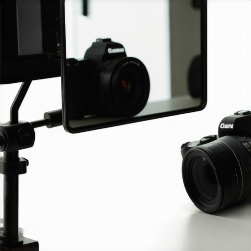 A small mirror mounted next to a camera lens reflecting the active rear LCD screen to monitor video framing.