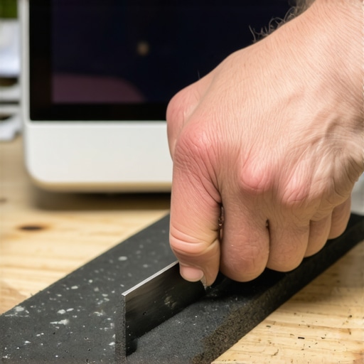 Close up of a hand cutting high density foam with a utility knife for a monitor setup