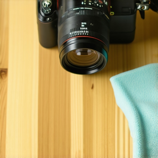 Close-up of cleaning a camera lens in a professional studio.