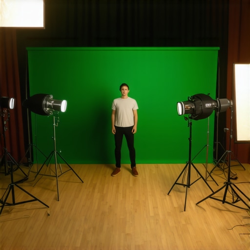 A diagram illustrating the proper distance and lighting placement for a green screen studio setup.