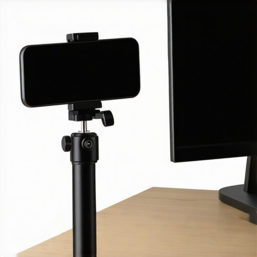 A professional creator setup showing a smartphone used as a webcam with proper mounting and lighting.