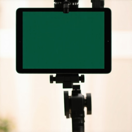 Tablet mounted under a camera lens for teleprompting.