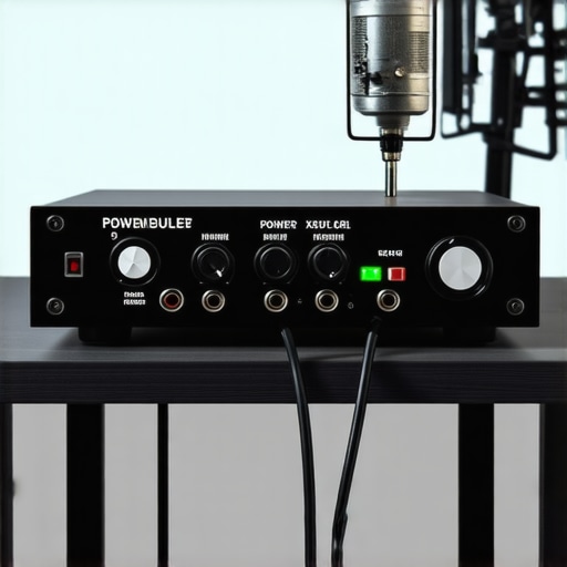 Close up of a professional audio interface and power conditioner used to prevent ground loops and EMI in a creator studio.