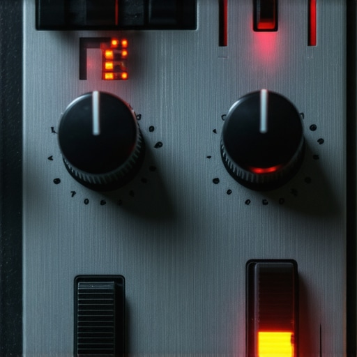 Close up of an audio interface gain knob with glowing green and orange LED meters