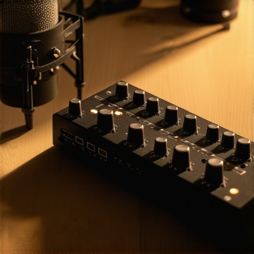 A dedicated audio interface next to a studio microphone on a wooden desk showing professional cable management.