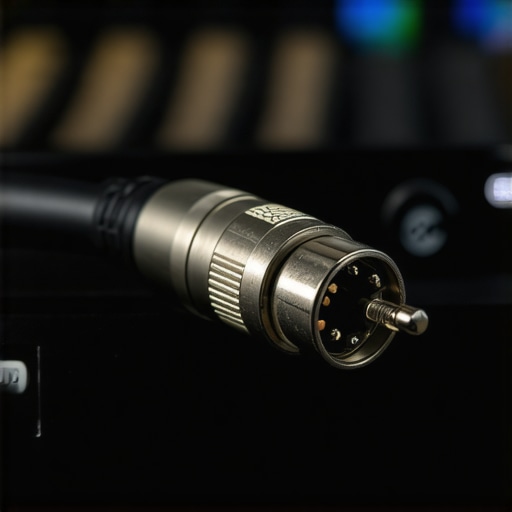 Close-up of a professional audio setup showing a shielded XLR cable plugged into an interface.