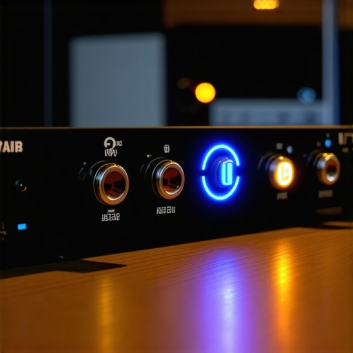 Close-up of a high-end audio interface with an XLR cable showing gain knobs in a creator studio.