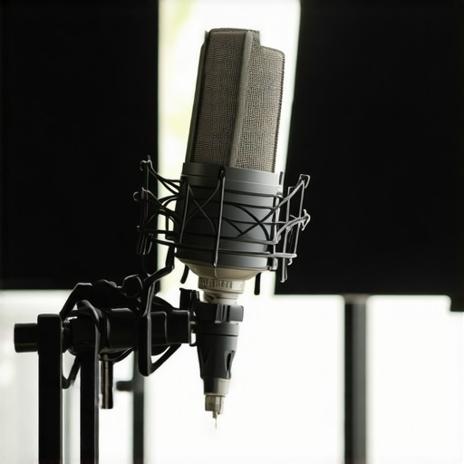 A high-end microphone and acoustic treatment in a professional home studio setup.