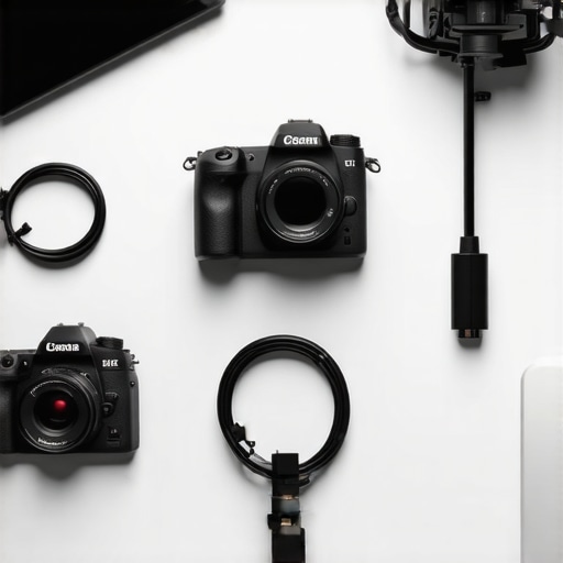 Close up of a camera setup showing a safety cable loop to prevent port damage.