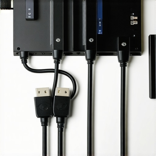 Labeled cables and secured power bricks under a creator's desk for maintenance.