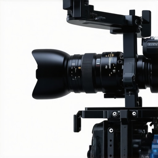 Close-up of organized studio cables with strain relief on a camera rig.