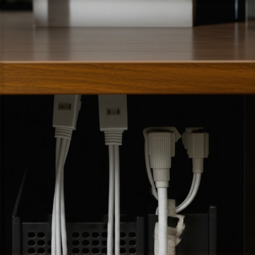 Organized power strips and cables under a creator desk setup