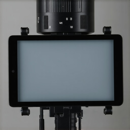 A tablet teleprompter setup with neat cable management using zip ties and a dummy power plug.