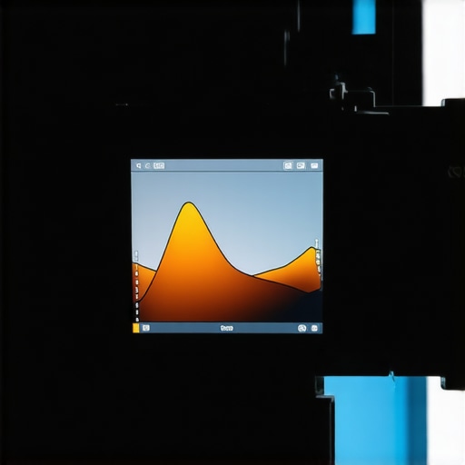A camera screen displaying manual settings and histogram in a studio environment