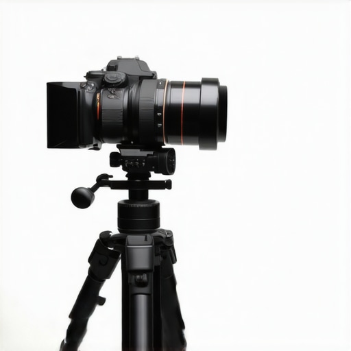 A close-up of a camera on a tripod with gaff tape and cable management tools.