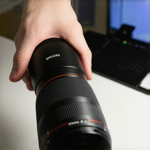 A creator cleaning a camera lens with a rocket blower to maintain image quality.