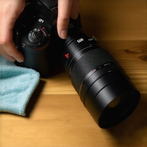 Close up of cleaning a camera lens with a blower and cloth