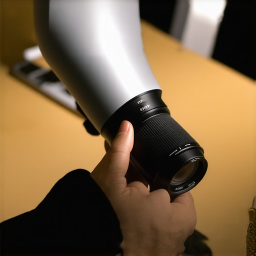 Creator cleaning a camera lens with a rocket blower and cloth in a studio