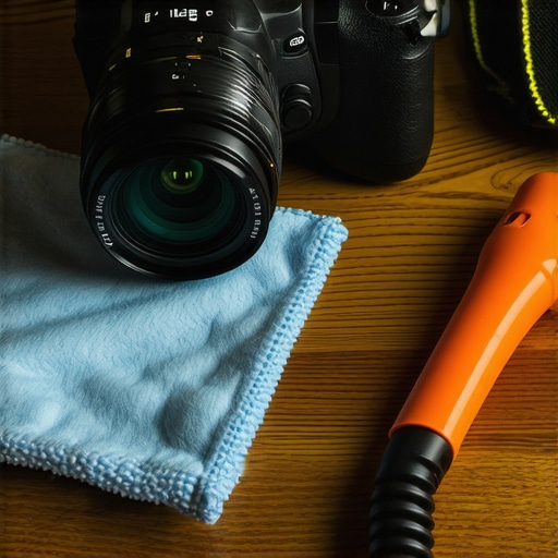 A camera being cleaned with professional maintenance tools on a wooden desk