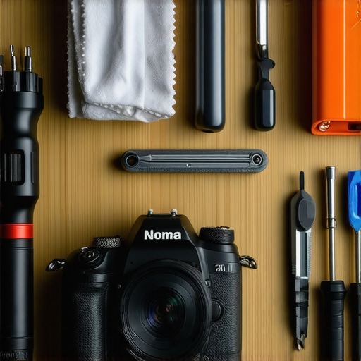 A collection of camera cleaning tools and organized screwdrivers on a wooden desk.