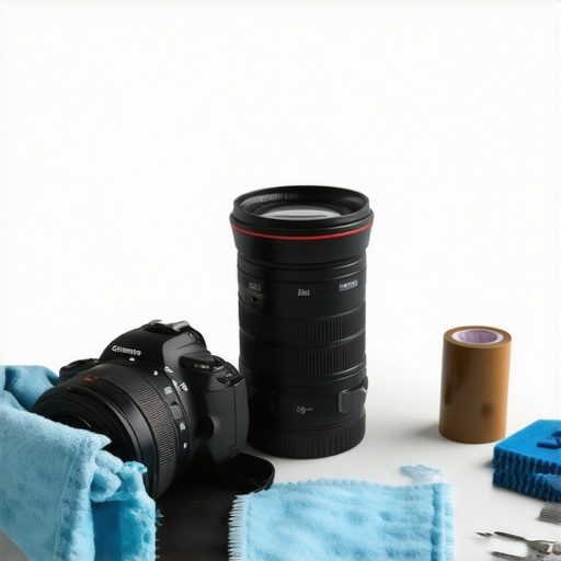 Cleaning a camera lens with professional maintenance tools on a creator's desk