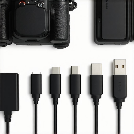 A camera powered by a dummy battery with neatly organized and labeled cables on a creator desk.