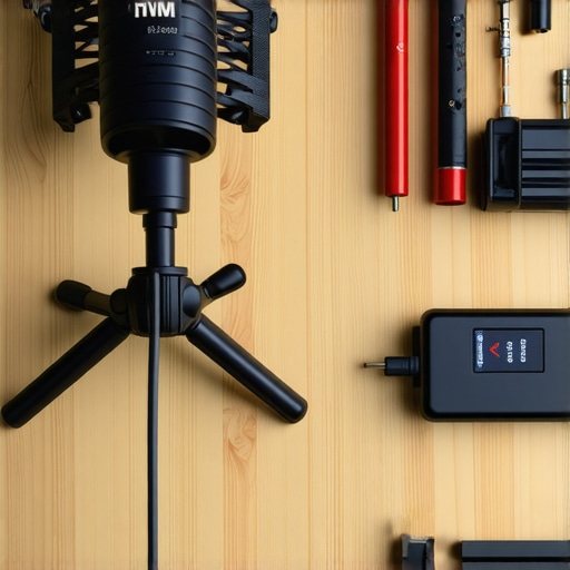 A pro creator workspace featuring a mirrorless camera with a dummy battery and neatly organized studio cables.