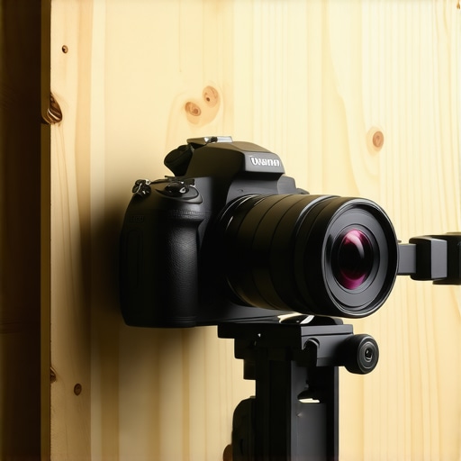 A camera mount reinforced with birch plywood and a metal C-clamp on a studio shelf.