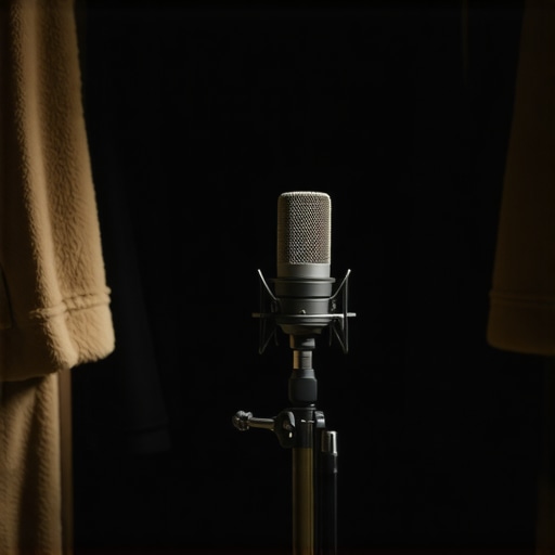 A microphone setup inside a clothes closet featuring heavy coats for sound absorption.