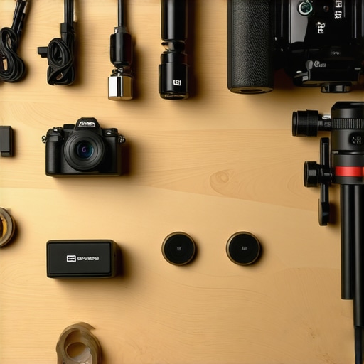 A organized creator studio showing camera maintenance tools and floor markers for consistent framing.