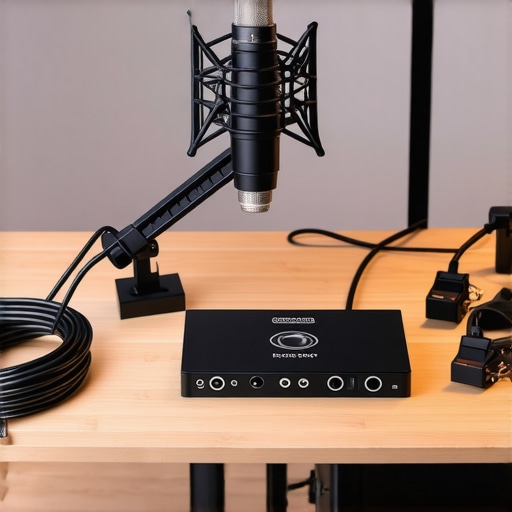 A clean and organized professional content creator desk featuring an audio interface and XLR microphone